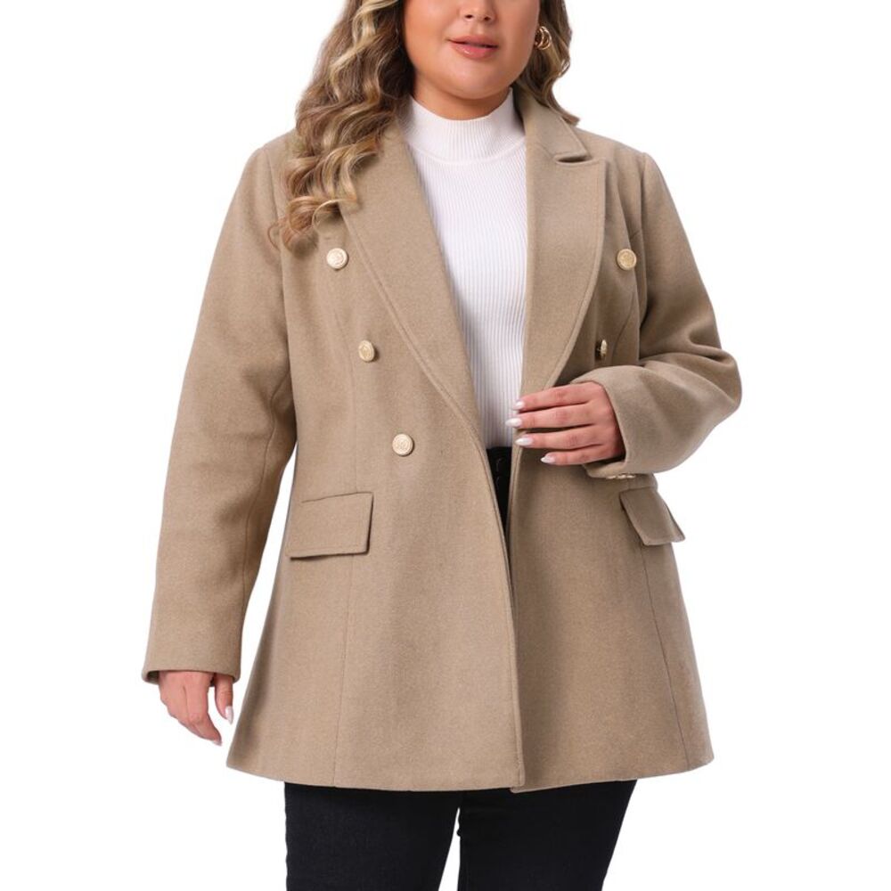 Plus Size Notch Double-Breasted Lapel Jacket Outwear Winter Coat Camel